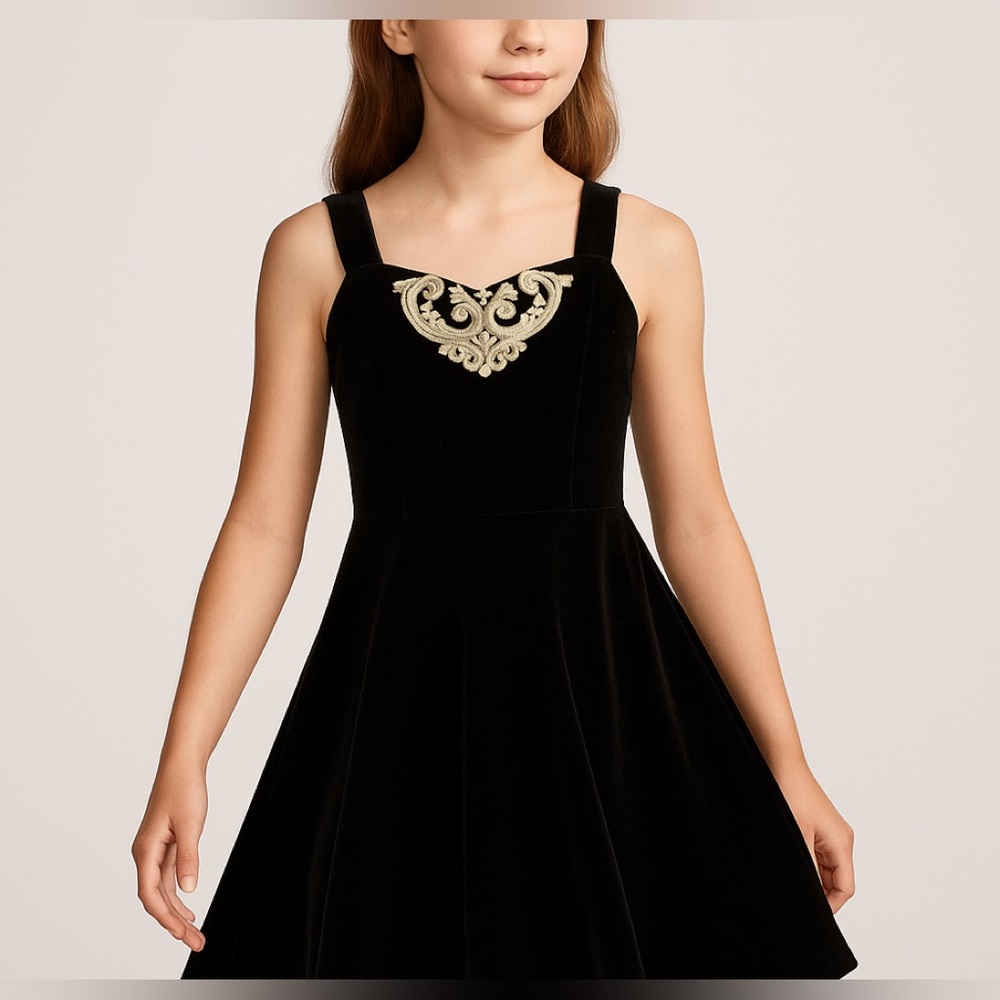 Jessica McClintock Black Velvet Gold Applique Dress Girls 12 Vintage Fit & Flare
